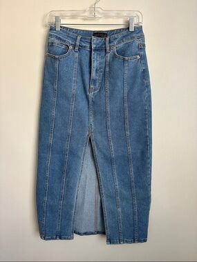 House of Harlow 1960 Blue Straight-Leg Denim Skirt with Front Slit